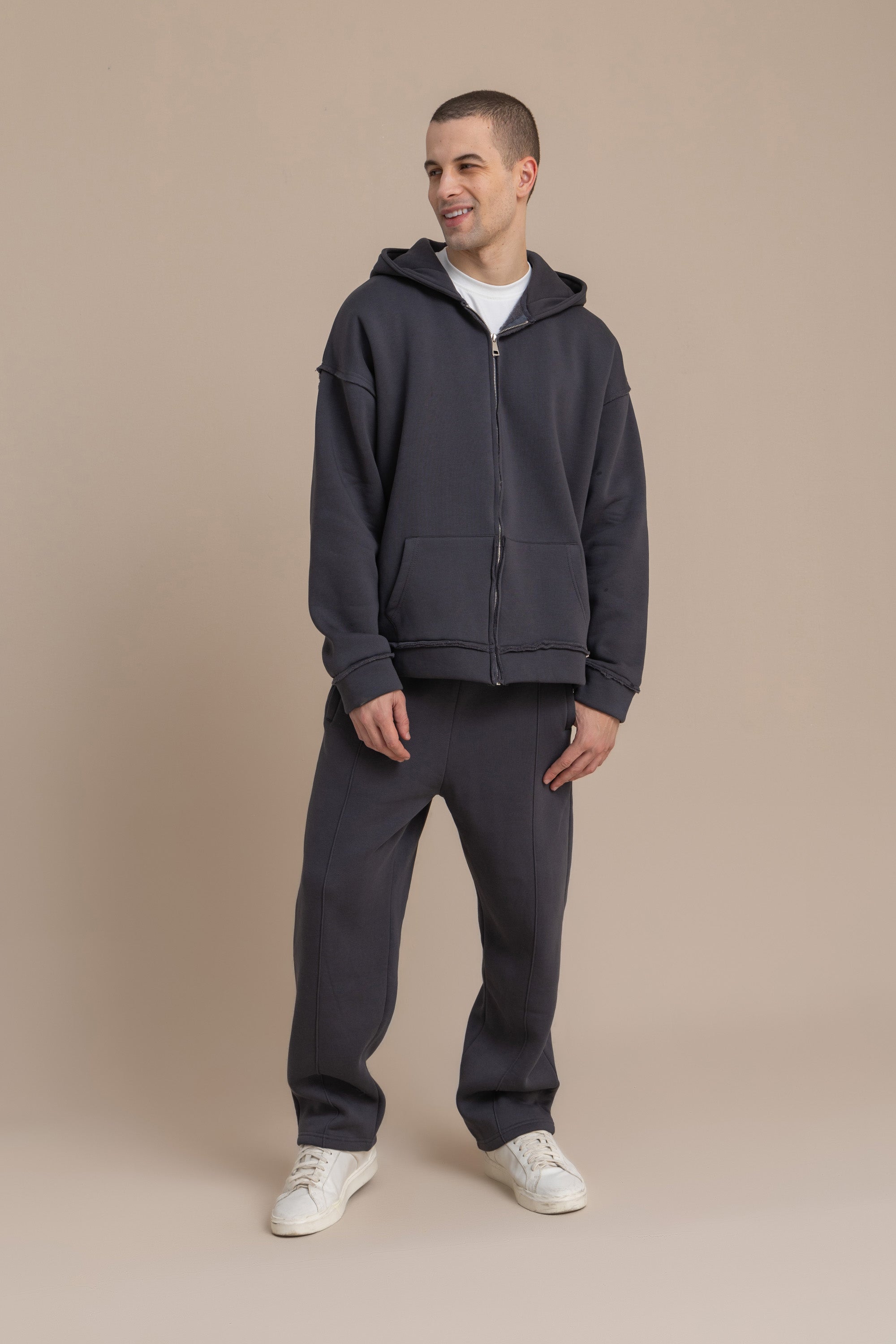 Charcoal Zip Up Distressed Hoodie