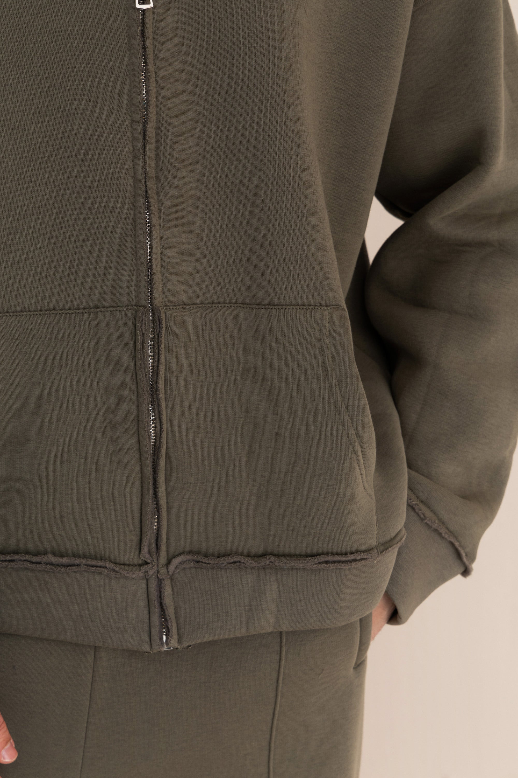 Olive Zip Up Distressed Hoodie