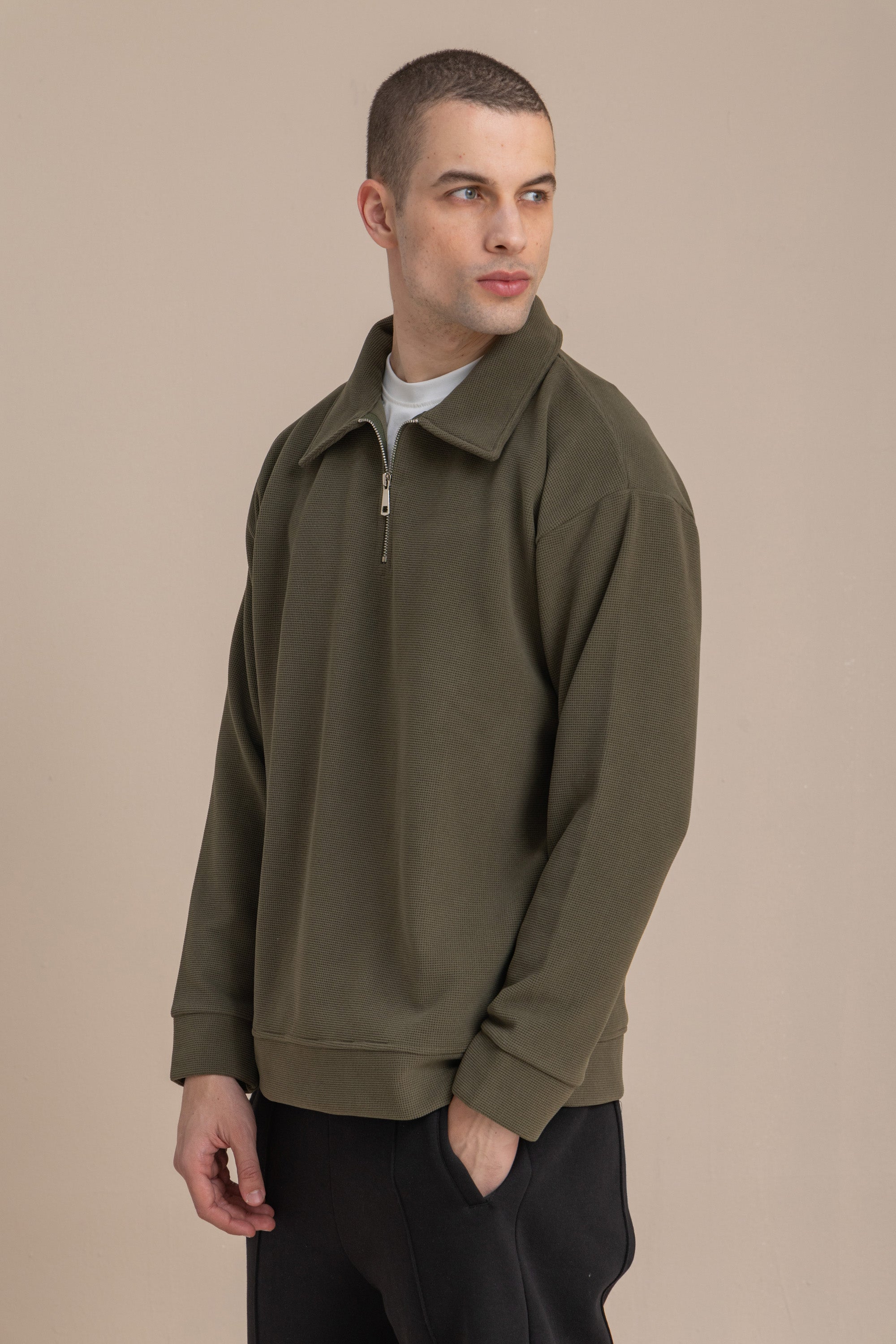 Olive Textured Quarter Zipper