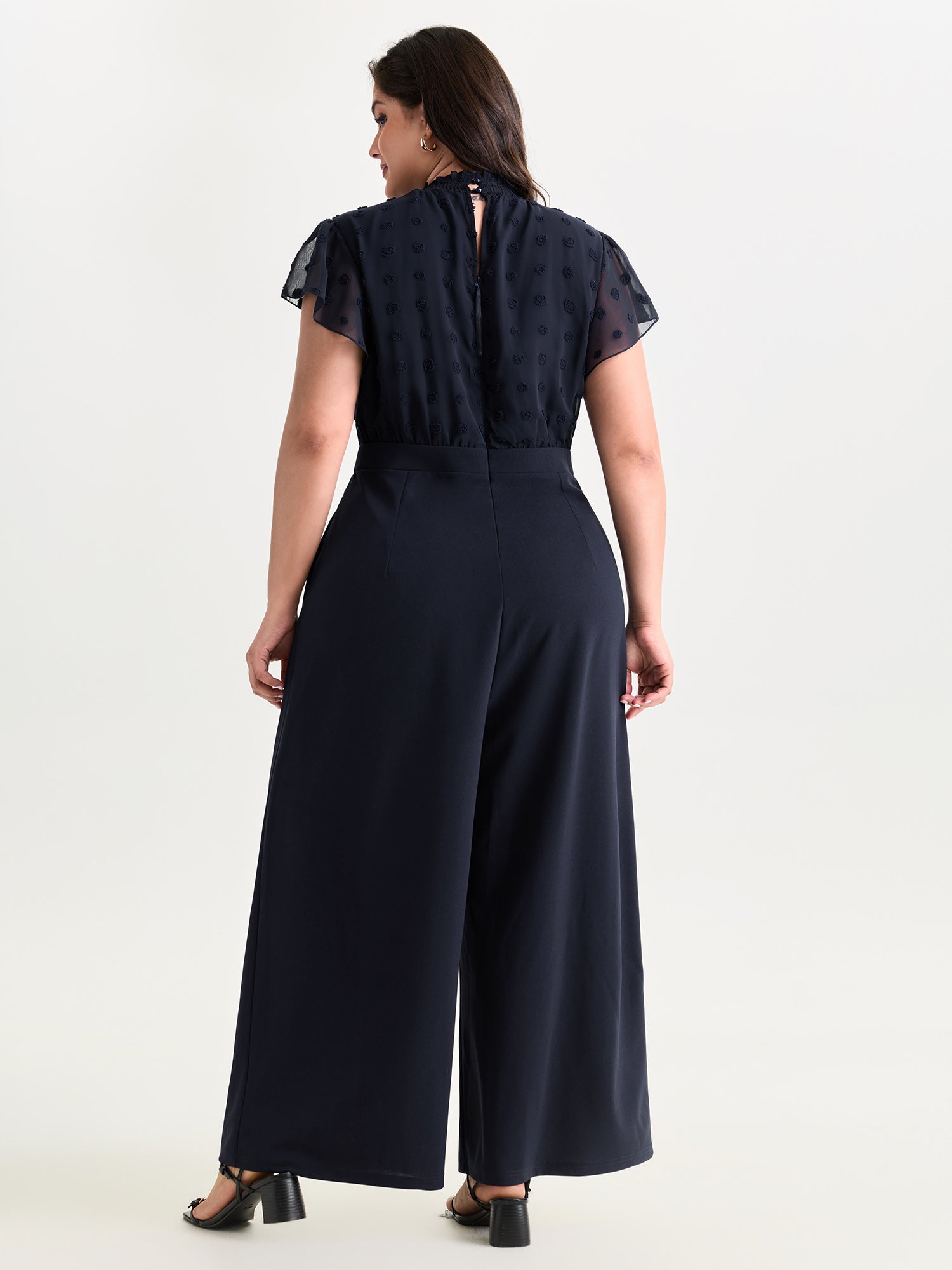 Textured Mock Neck Ruffled Sleeve Jumpsuit
