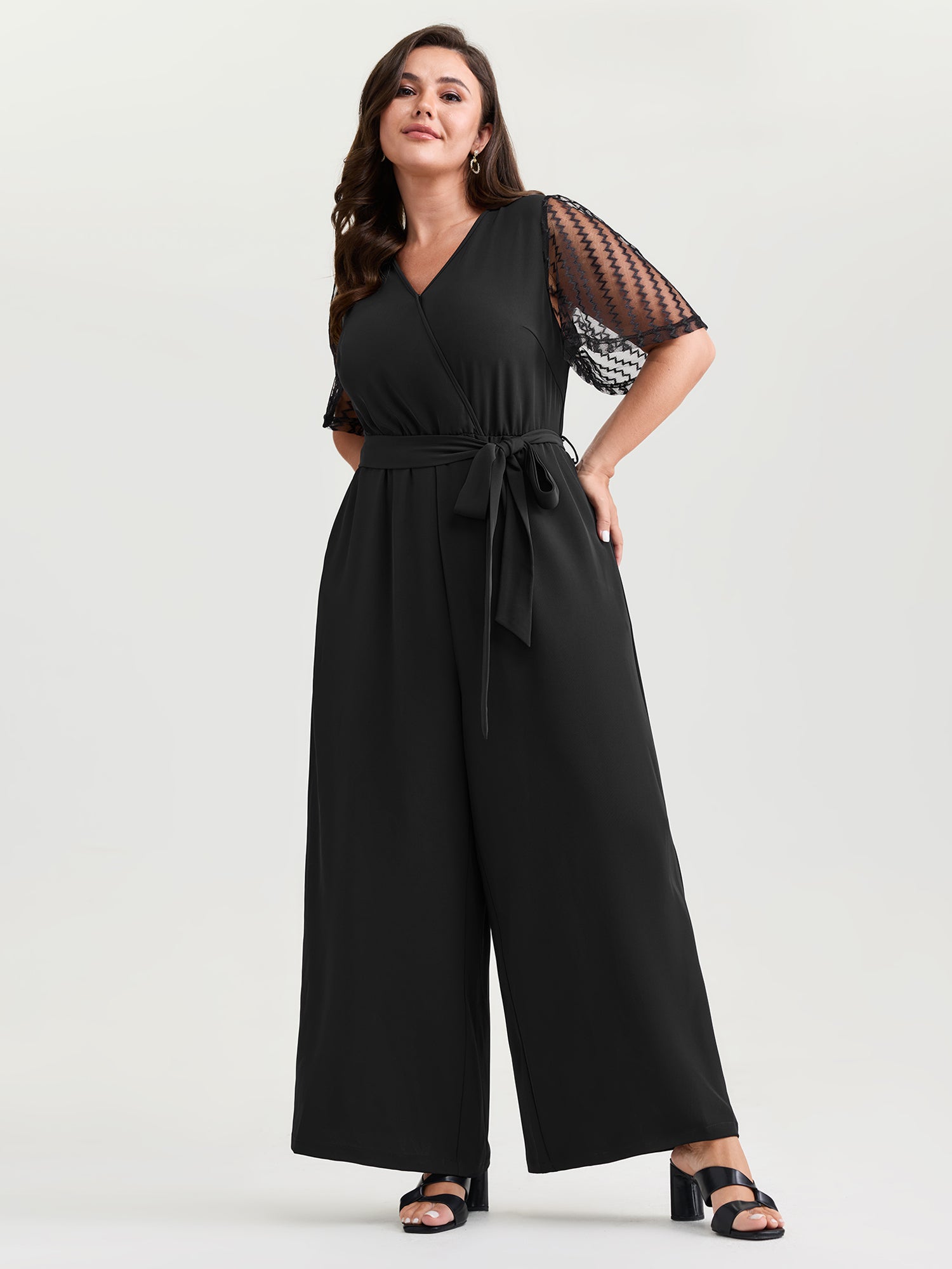 Textured Sheer Sleeve Stretchy Waist Tie Jumpsuit