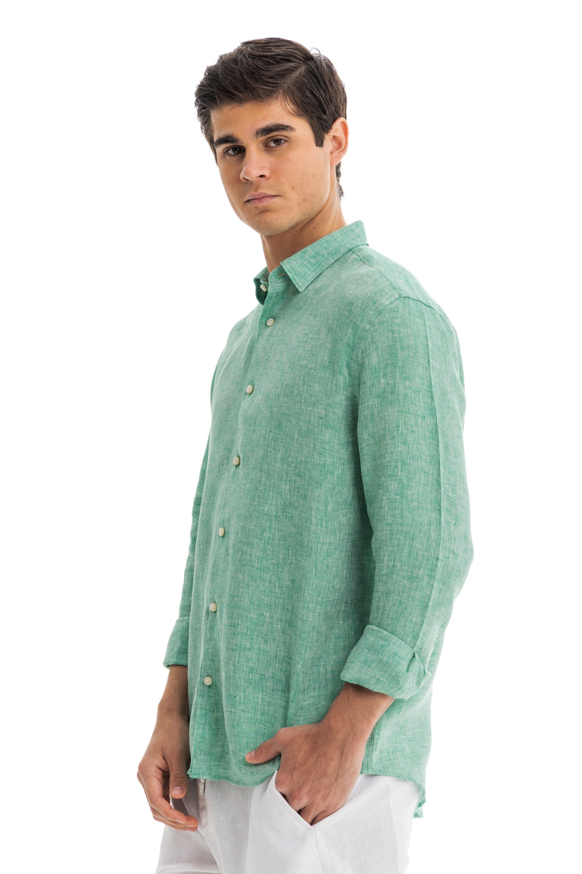 Men's Green Melange Linen Shirt