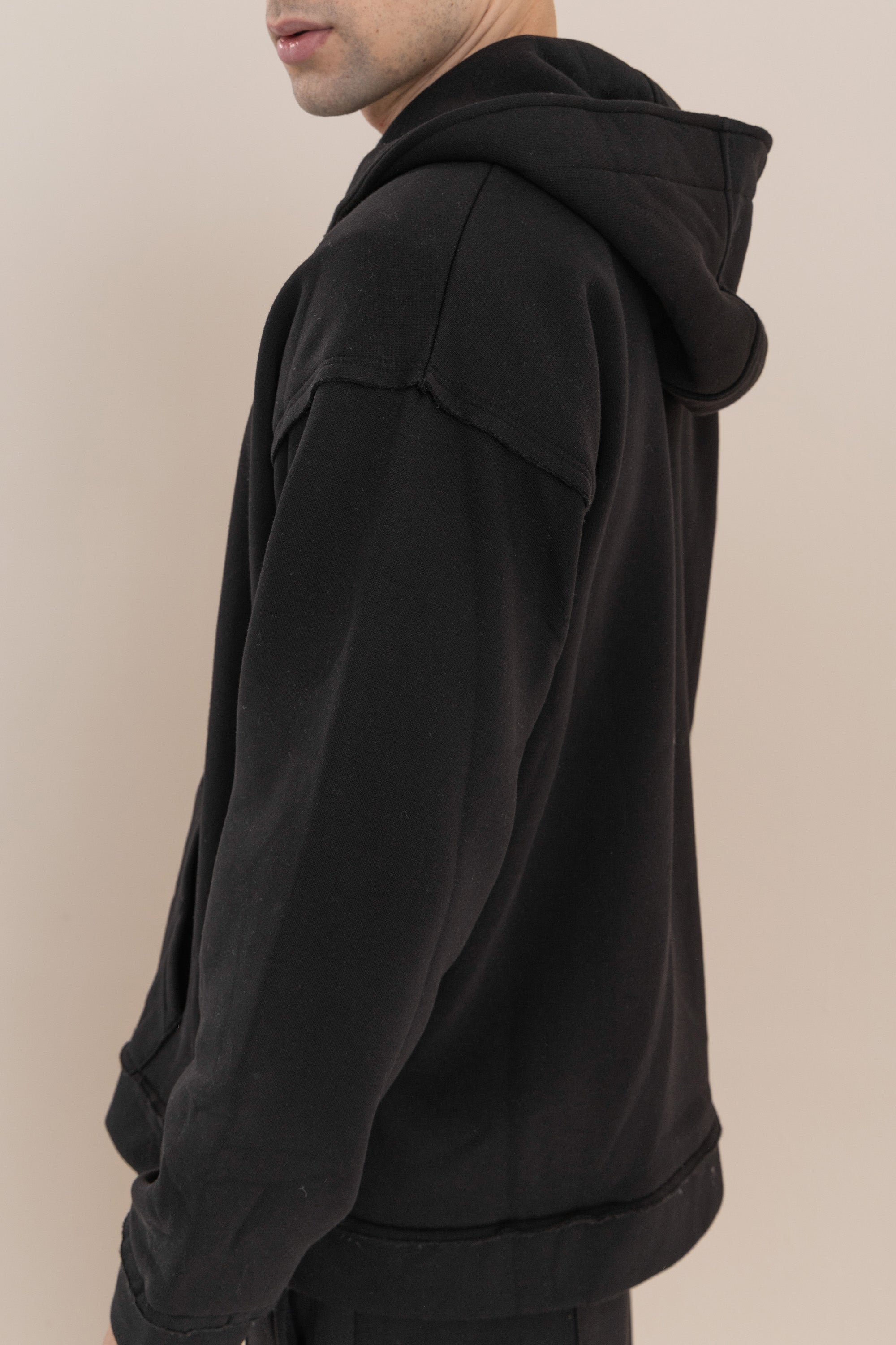 Black Zip Up Distressed Hoodie