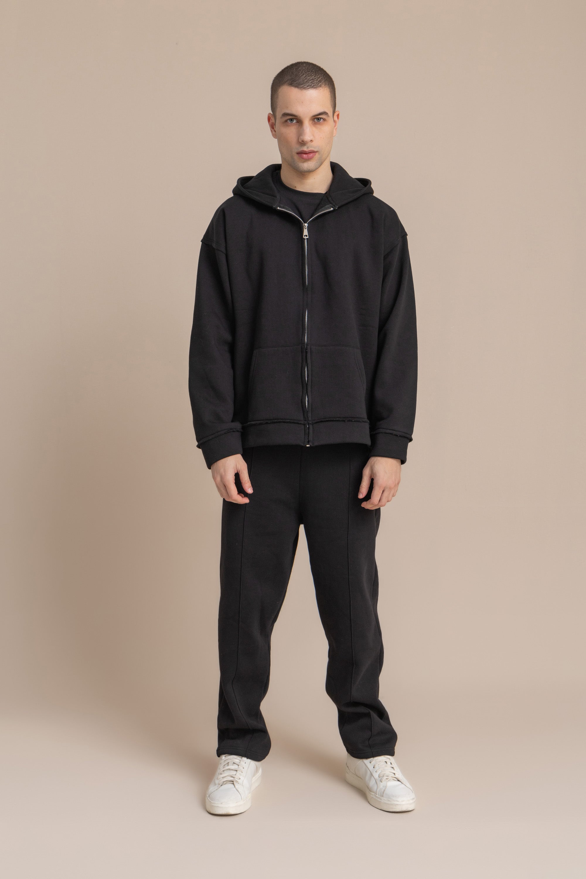 Black Zip Up Distressed Hoodie