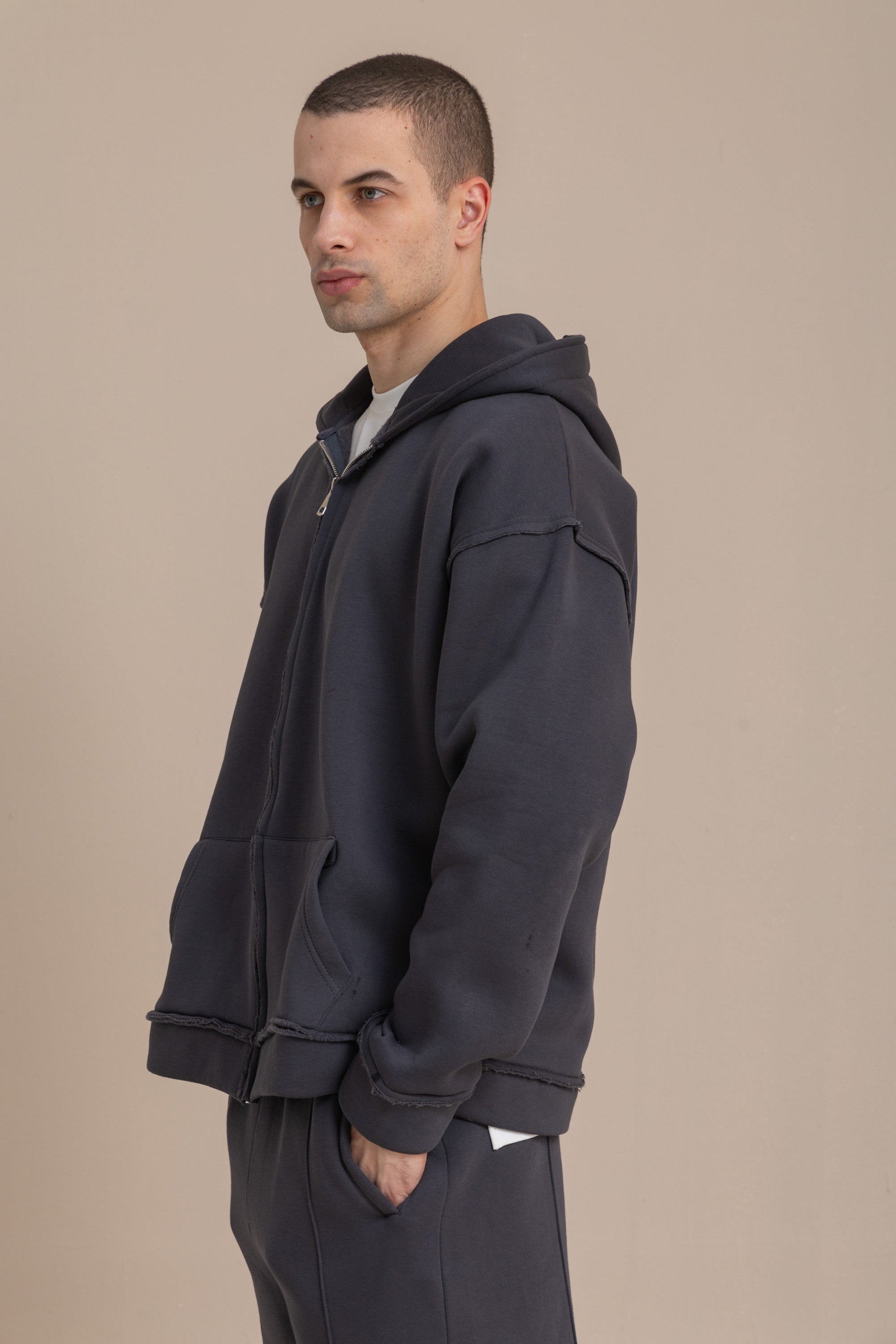 Charcoal Zip Up Distressed Hoodie