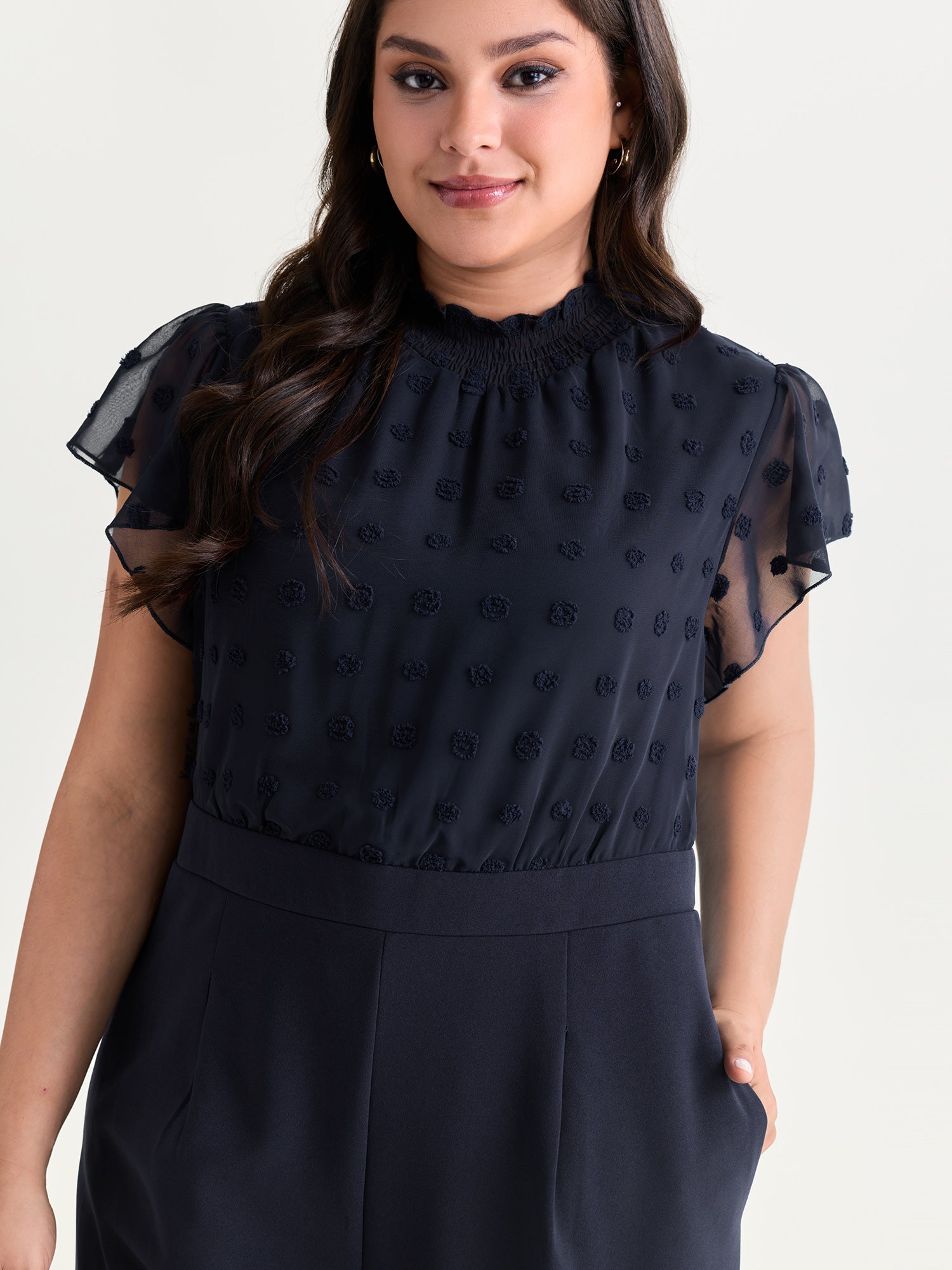 Textured Mock Neck Ruffled Sleeve Jumpsuit