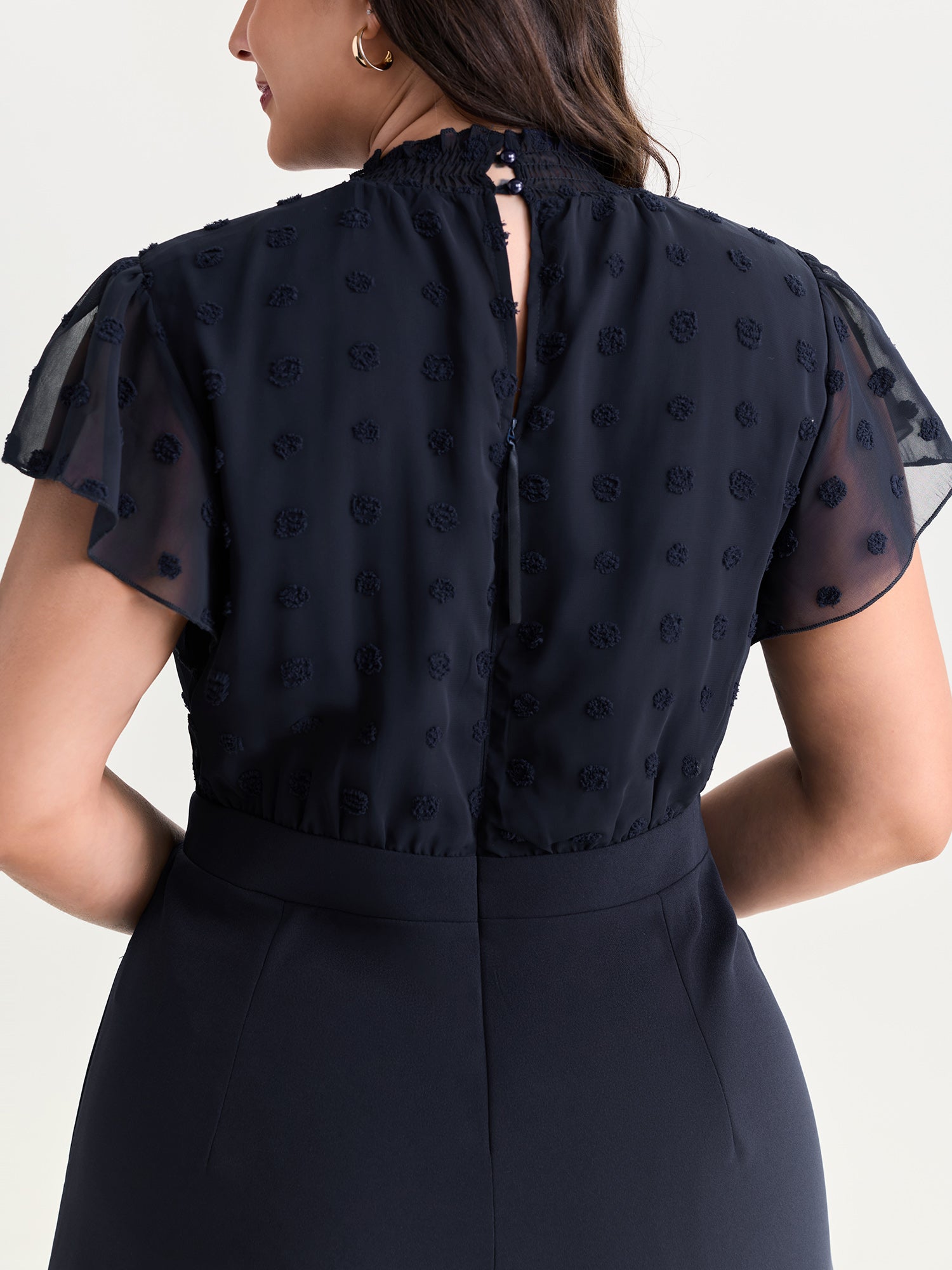 Textured Mock Neck Ruffled Sleeve Jumpsuit