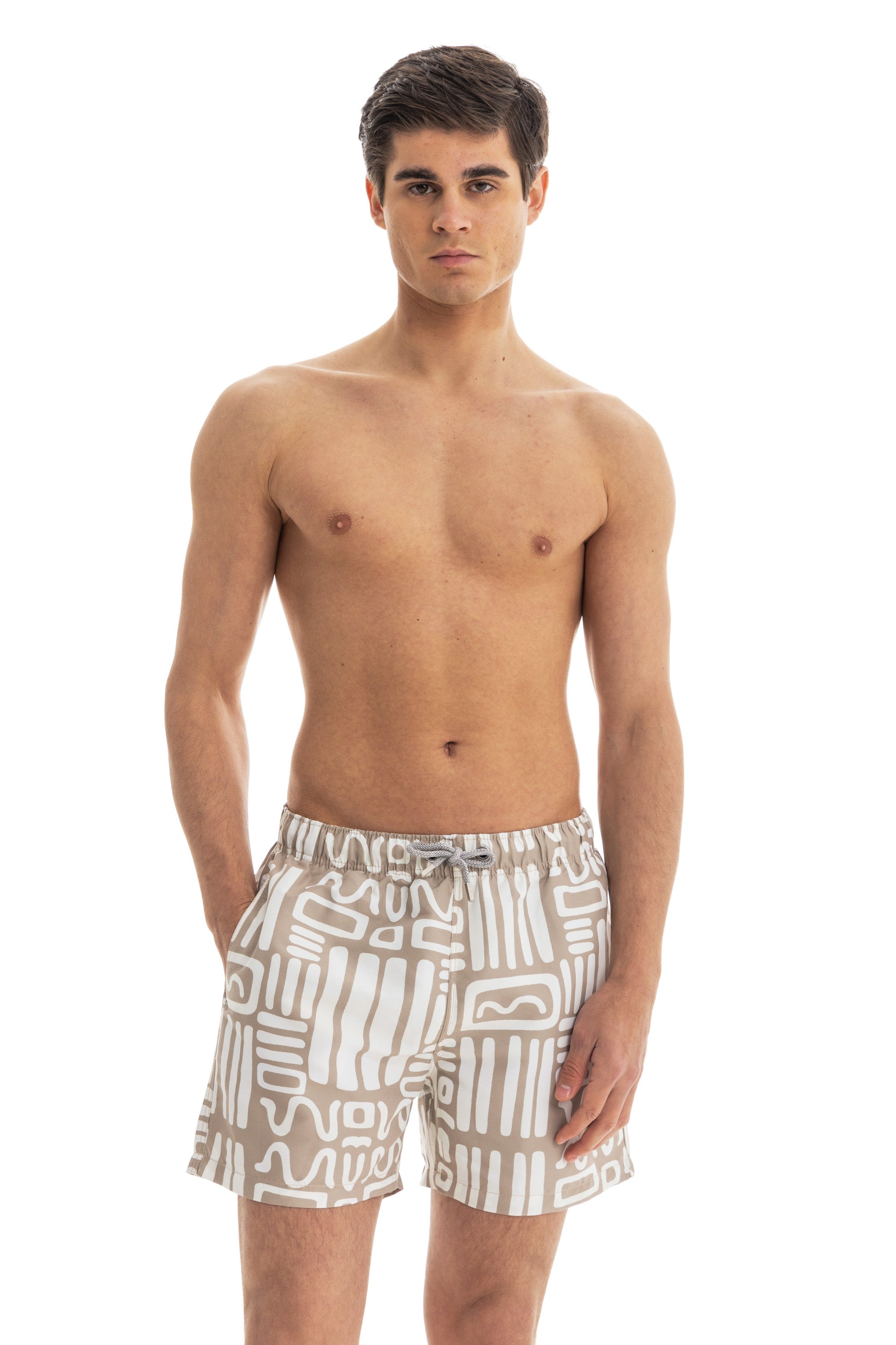 Beige Abstract Swim Shorts