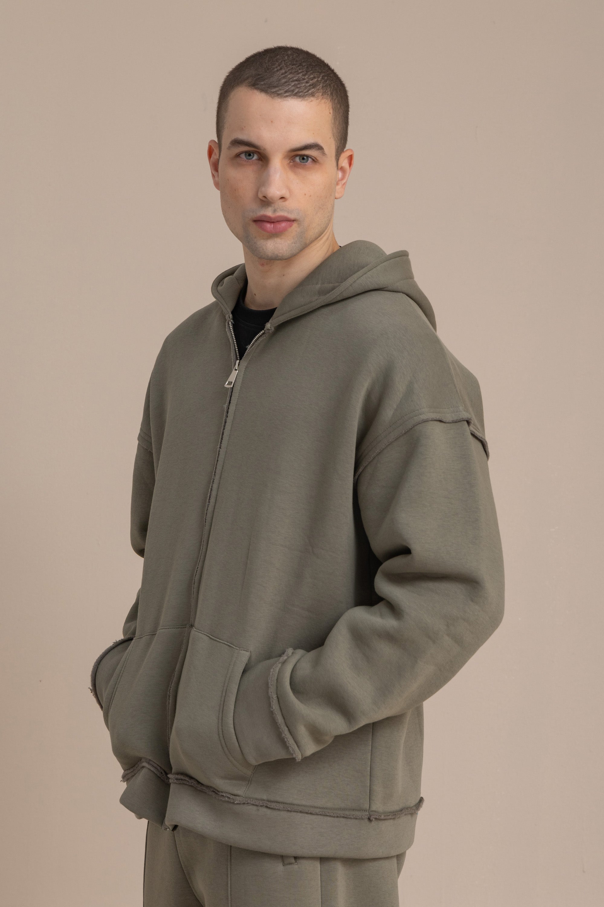 Olive Zip Up Distressed Hoodie