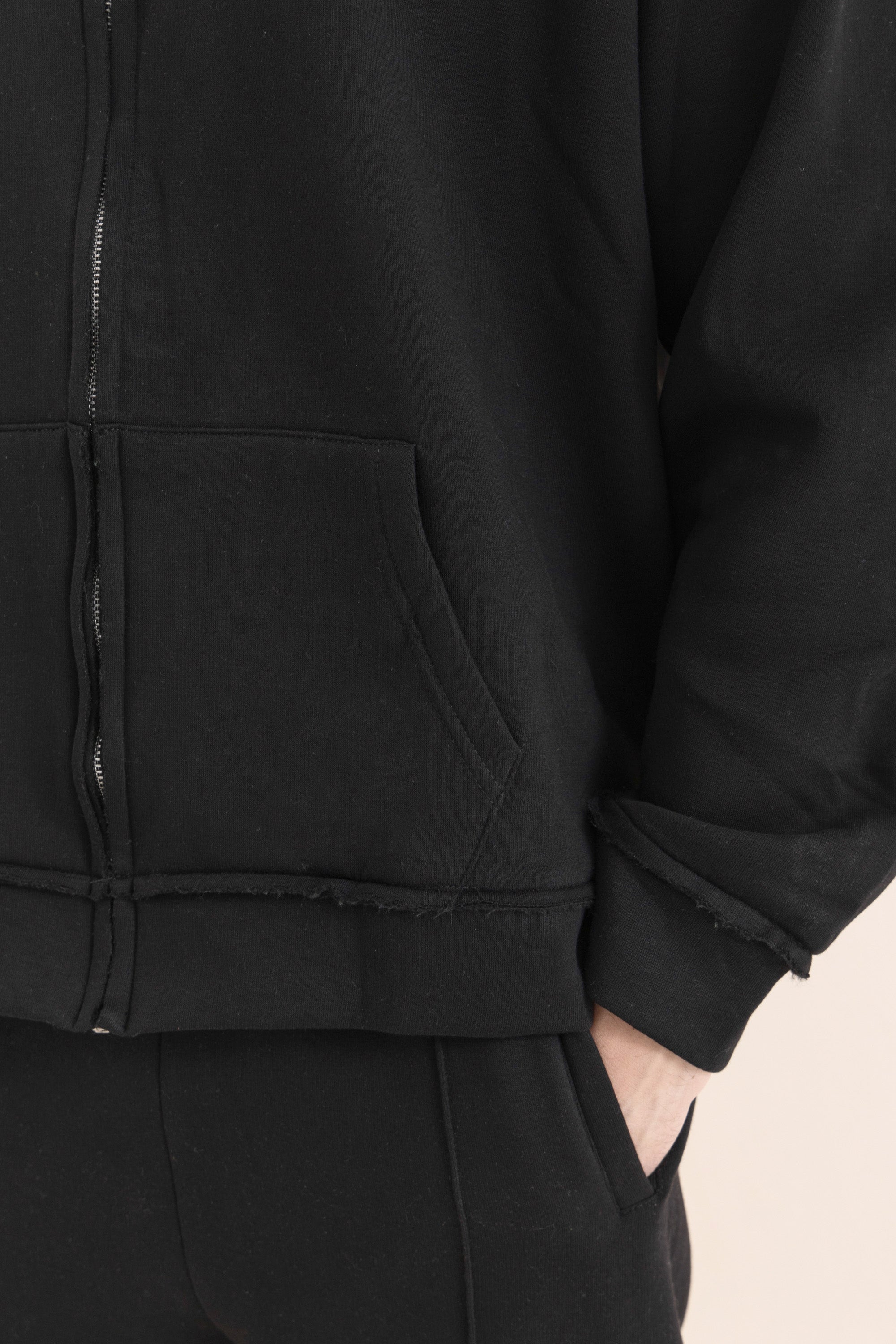Black Zip Up Distressed Hoodie