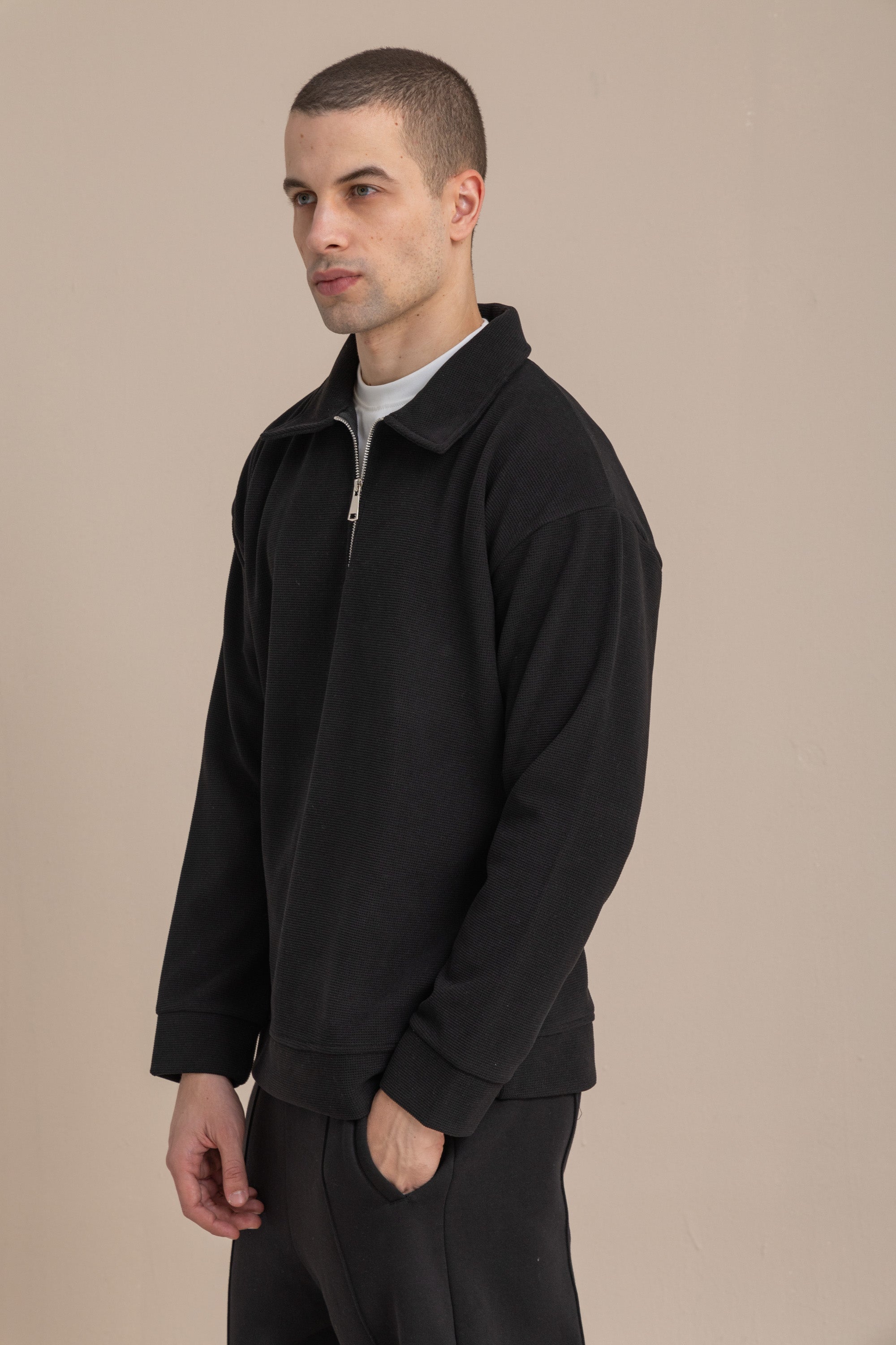 Black Textured Quarter Zipper