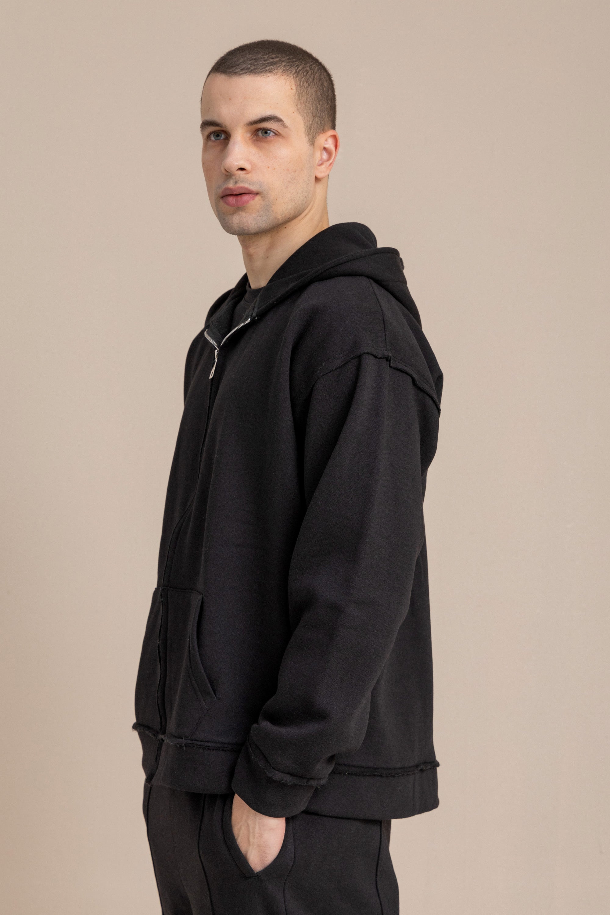 Black Zip Up Distressed Hoodie