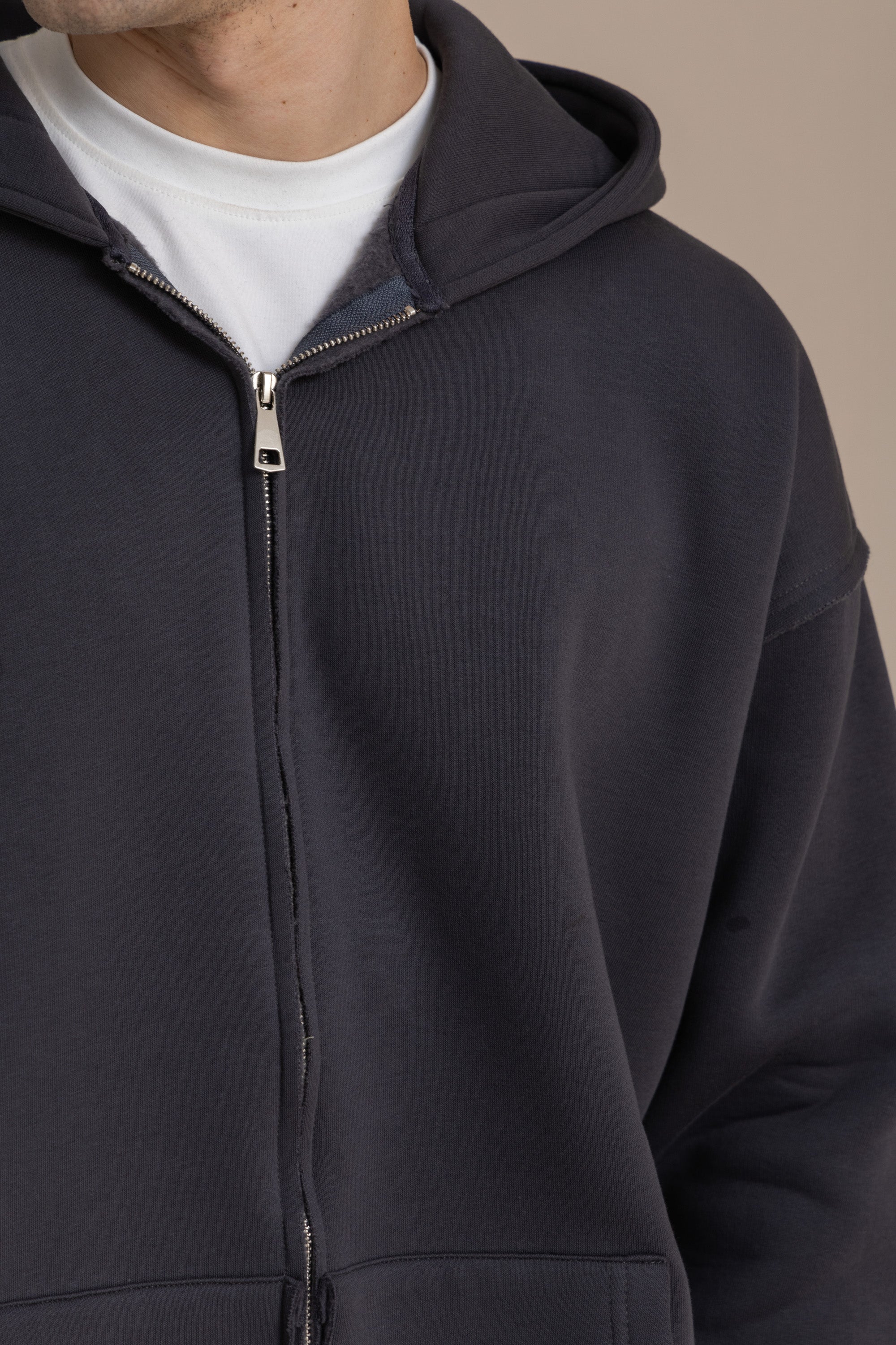 Charcoal Zip Up Distressed Hoodie