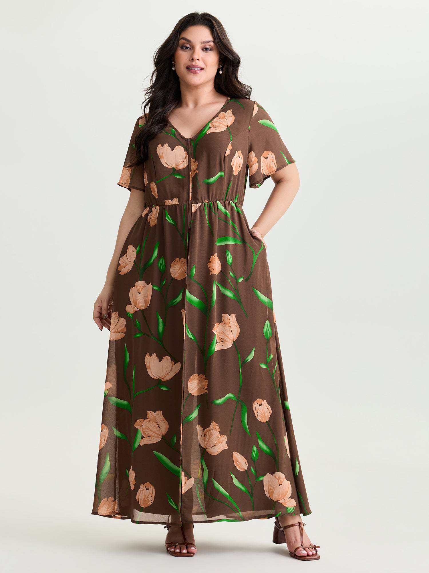 Hidden Zipper Floral Layered Pockets Jumpsuit
