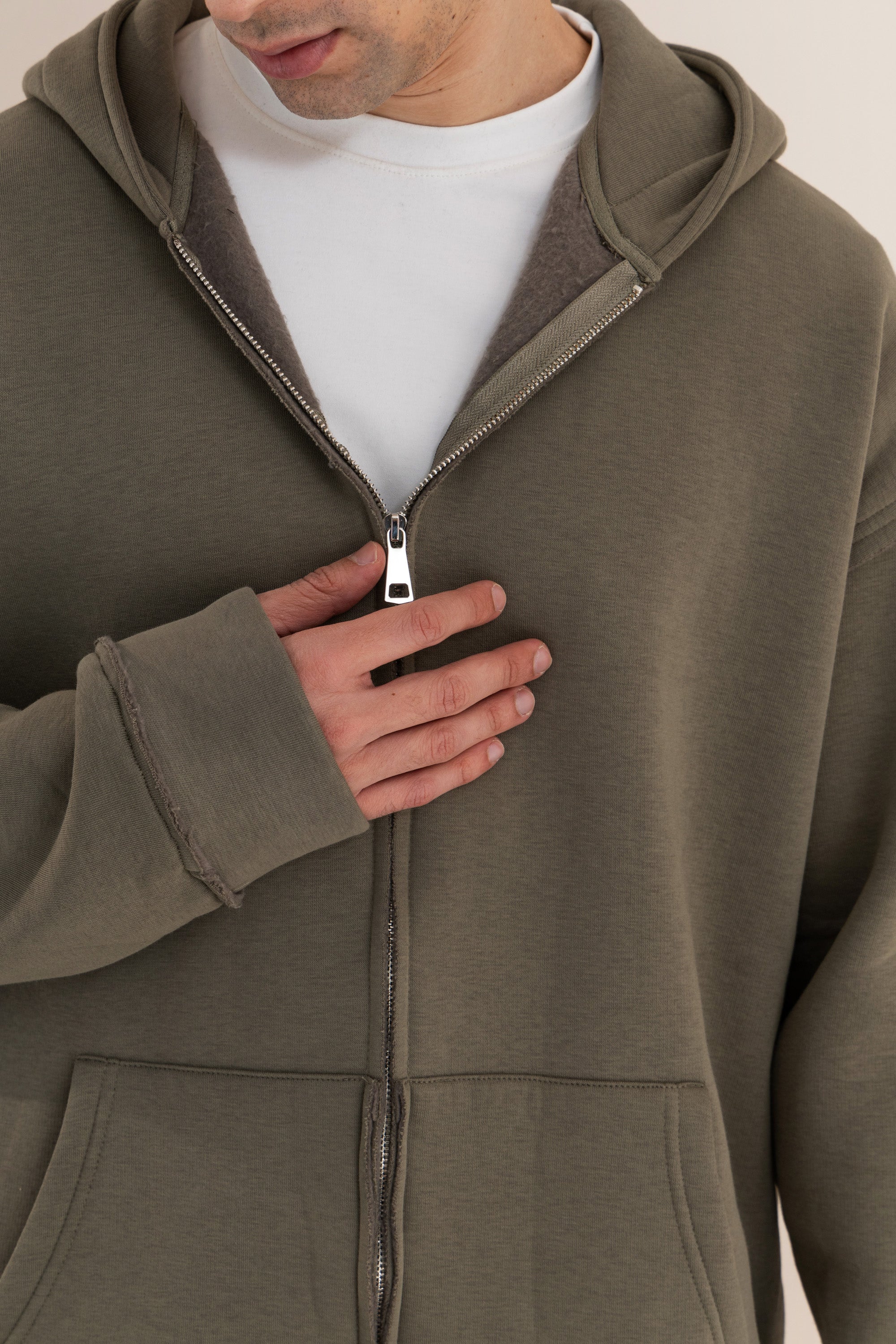 Olive Zip Up Distressed Hoodie
