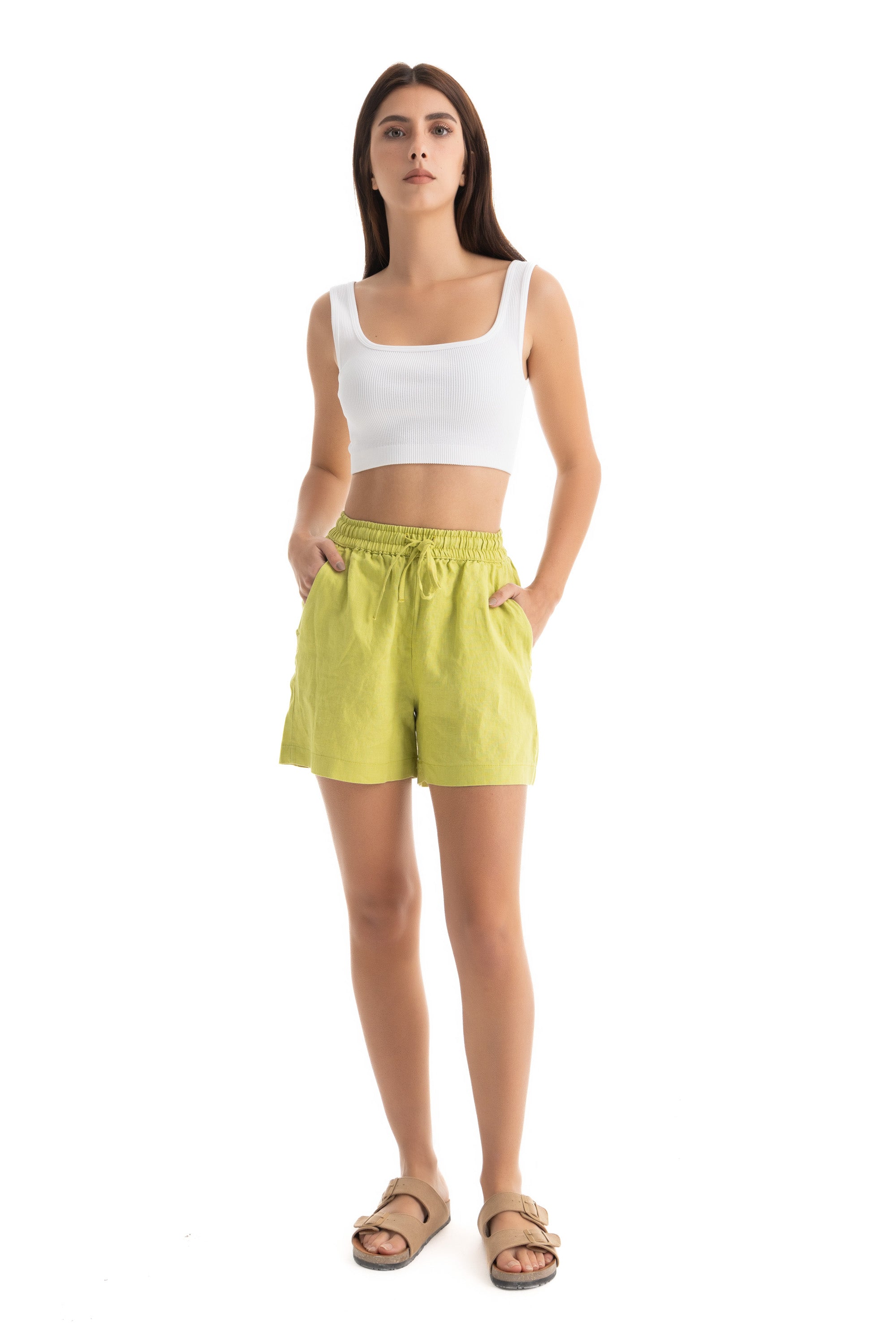 Womens Lime Linen Shorts