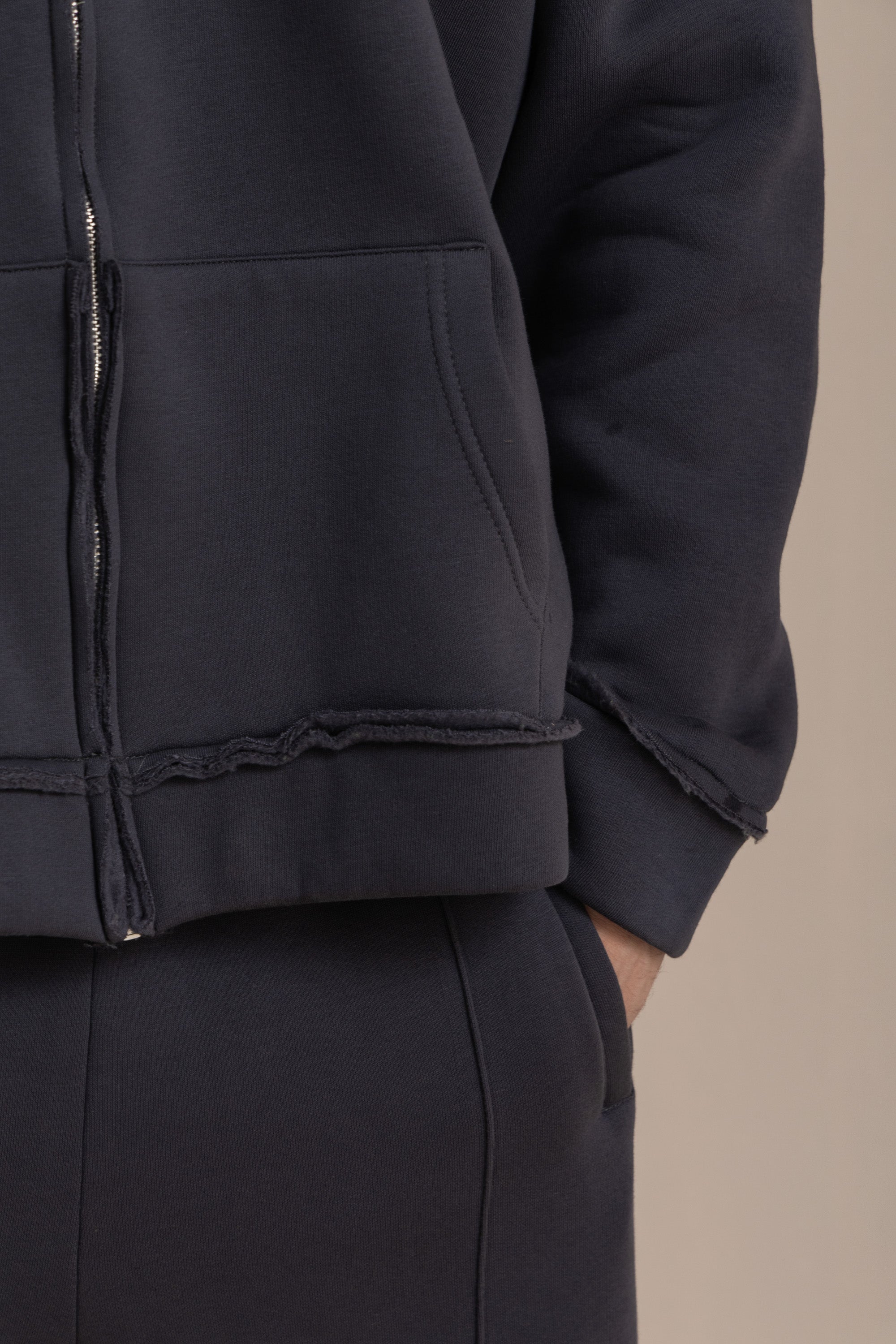 Charcoal Zip Up Distressed Hoodie
