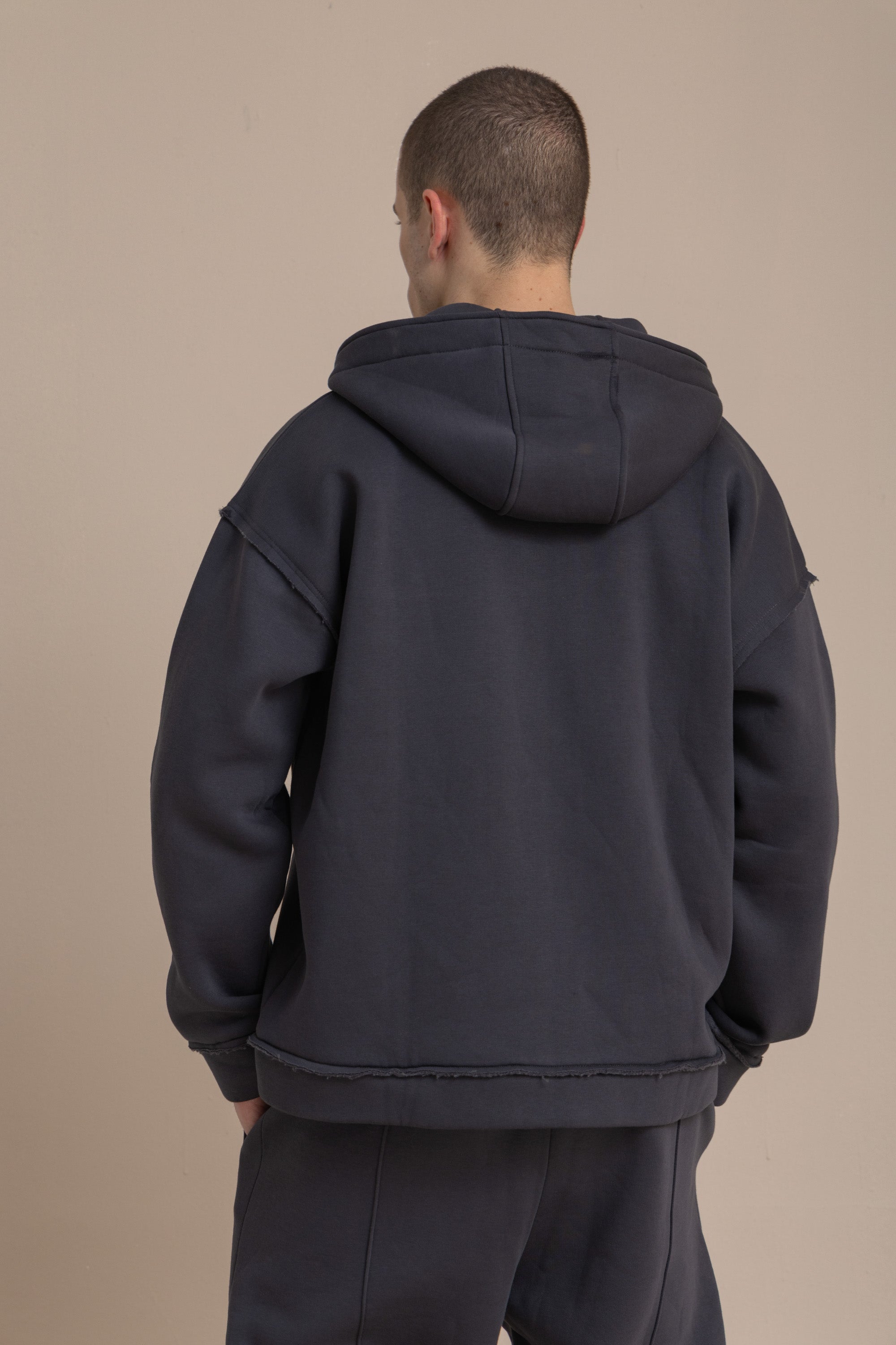 Charcoal Zip Up Distressed Hoodie