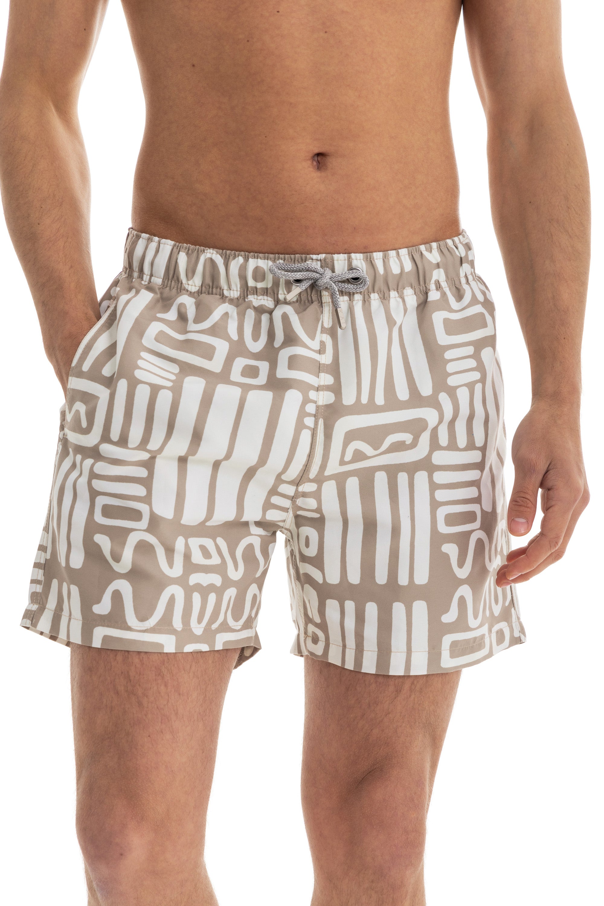 Beige Abstract Swim Shorts